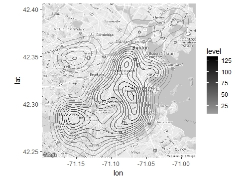 One of the many \emph{trees} knocked down by Hurricane Irene in Boston, this one in the South End neighborhood (left) and a density plot of which parts of the city had more and fewer tree emergencies following the hurricane, as reported to 311 (right). (Credit: Boston.com; Author)