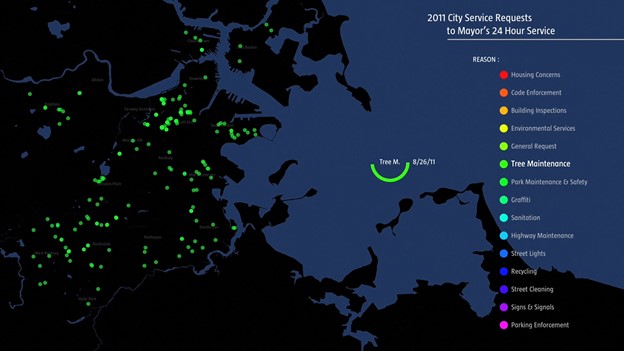 Though the City of Boston’s 311 system typically receives only a handful of tree emergency reports daily (top), Hurricane Irene was no average day, generating 1,045 such reports (bottom). You can also watch the [full video](https://vimeo.com/41535798) comparing this day to the rest of the year. (Credit: Author)