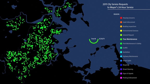 Though the City of Boston’s 311 system typically receives only a handful of tree emergency reports daily (top), Hurricane Irene was no average day, generating 1,045 such reports (bottom). You can also watch the [full video](https://vimeo.com/41535798) comparing this day to the rest of the year. (Credit: Author)