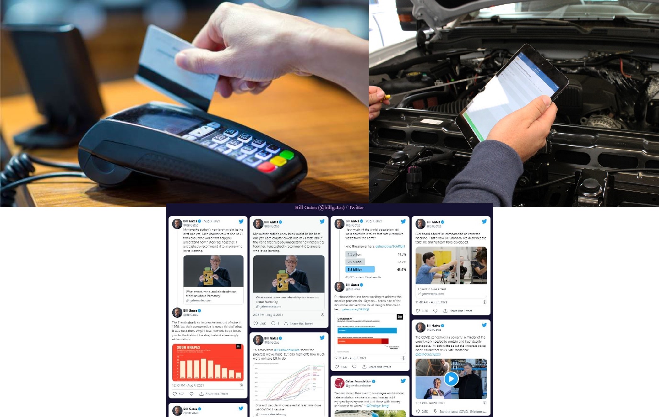 Many daily activities generate digital records, including commercial transactions, like credit card swipes, administrative processes, like vehicle inspections, and social media platforms, like Twitter. (Credit: touchbistro.com, fleetio.com, rss.app)