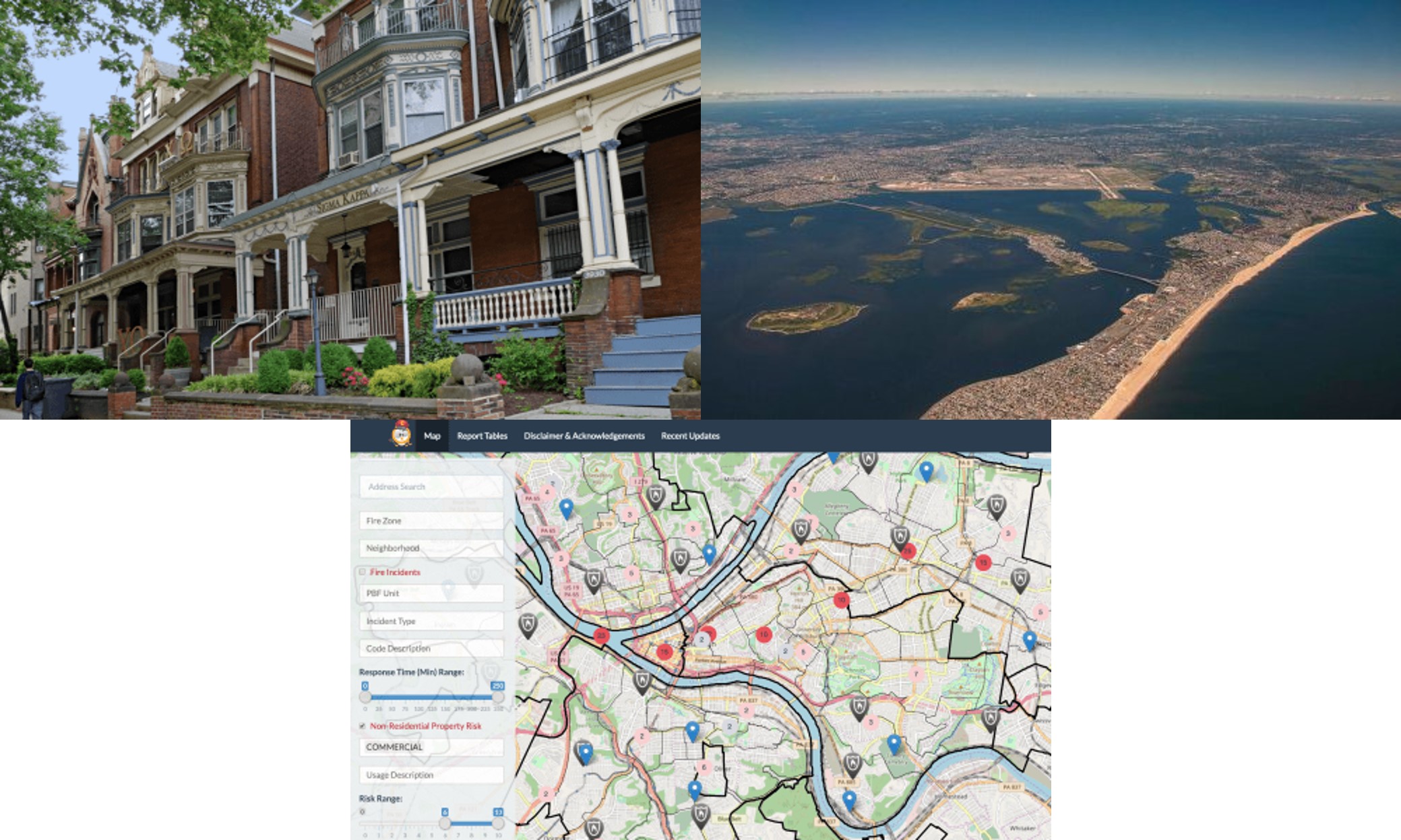 MetroLab Network’s Innovation of the Month column captures the breadth of impact that urban informatics might have, including crowdsourcing community opinions to guide decisions around historic housing in Philadelphia (top left), localized sensors to manage street-by-street flooding in New York City (top right), and a data-driven system to predict fires in Pittsburgh (bottom). (Credit: MetroLab Network)