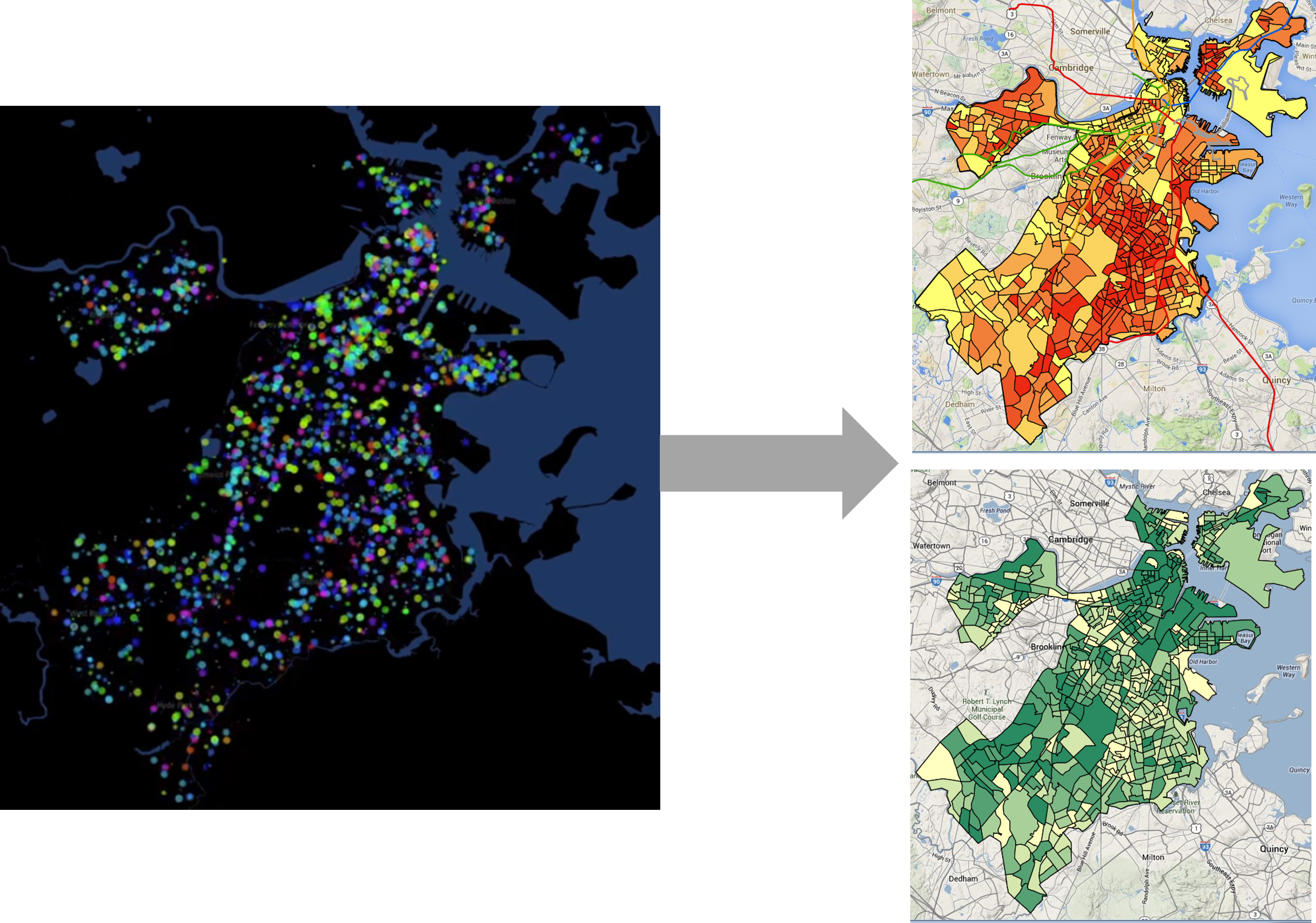 311 reports are discrete records that capture various events and conditions across the city (left), but they can be brought together to create measures of physical disorder (top right) and custodianship (bottom right) across neighborhoods.(Credit: Author)