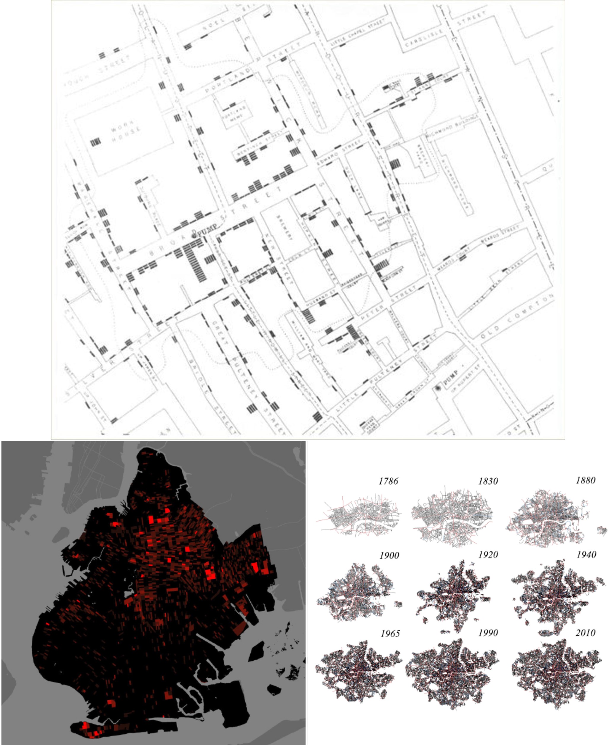 Mapping spatial data can illustrate a wide range of phenomena, from John Snow’s demonstration that a contaminated water pump was responsible for a cholera outbreak in London in 1854 (top), to more modern applications, like the identification of blocks in Brooklyn, New York where more than a million dollars were spent on the incarceration of residents (bottom left), to the examination of the evolution of London’s road network over the centuries (bottom right). (Credit: John Snow, Columbia University’s Center for Spatial Research’s, University College London’s Bartlett Centre for Advanced Spatial Analysis)