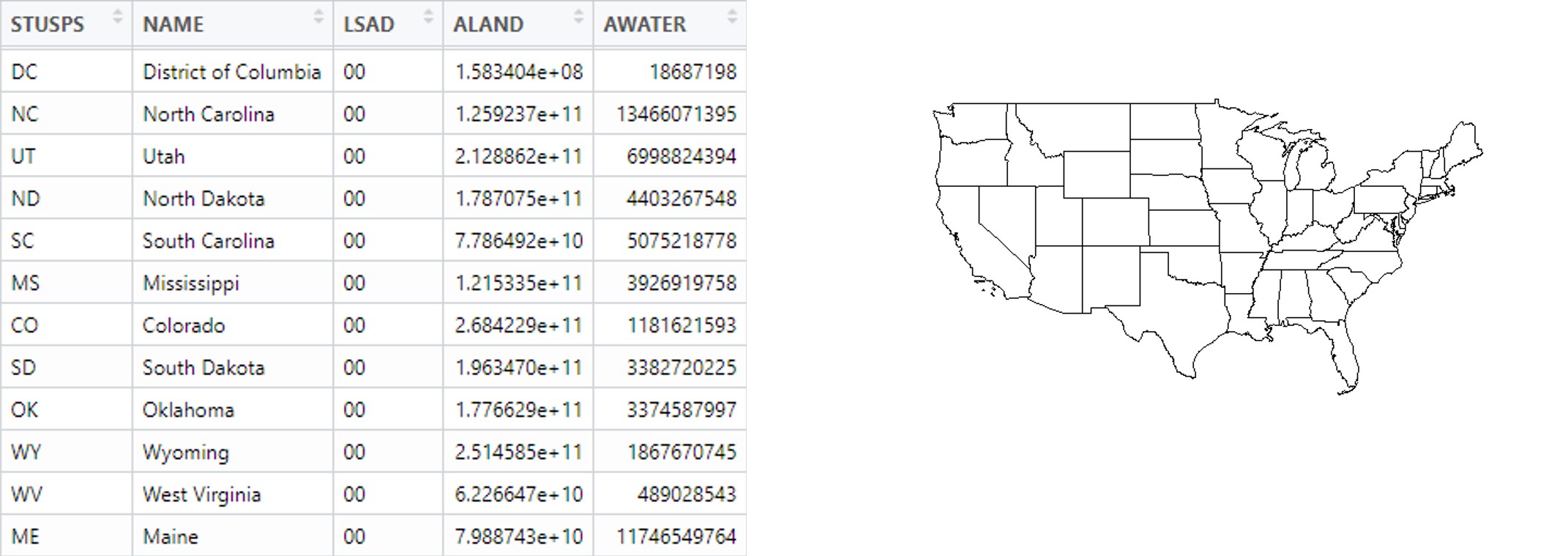 The information contained in a spreadsheet describing the states of the United States (left) can be more easily communicated through a simple map of them (right).