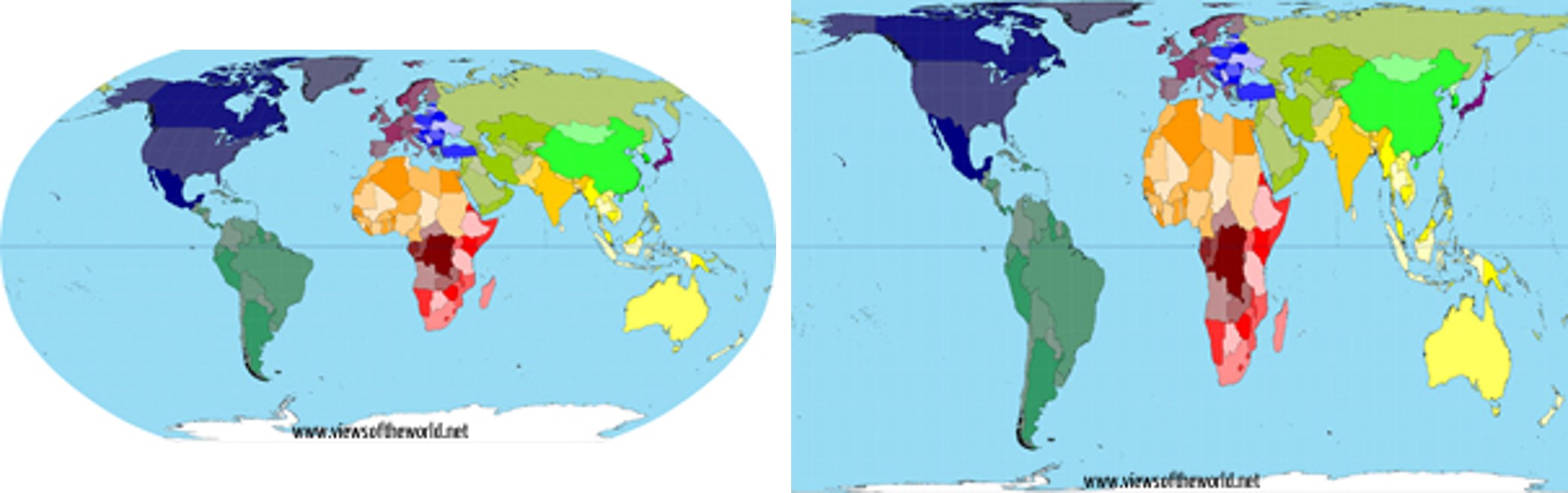 Most people are familiar with the Robinson projection for representing the world (left), which exaggerates the size of land near the poles and makes land near the equator look smaller. New techniques have been used to better represent the true land area of countries (right). (Credit: www.viewsoftheworld.net)