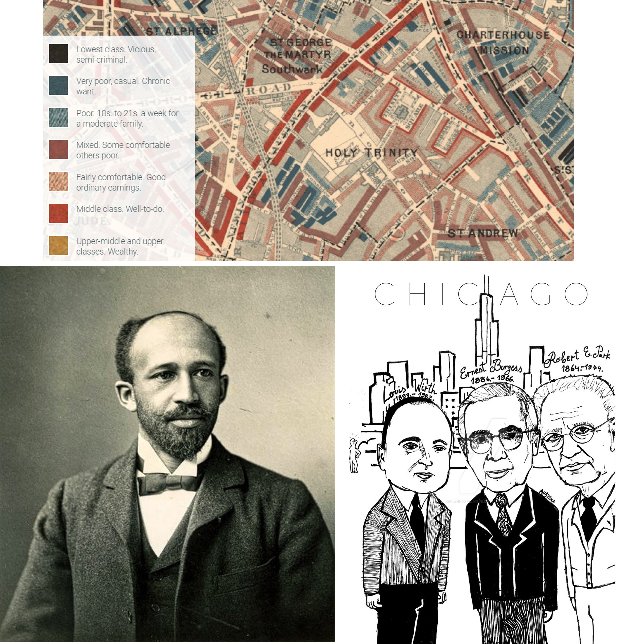 Various urban scientists have sought to demonstrate that and explain why lots of unwanted outcomes, like crime, poor health, low academic and career achievement, and low income, cluster in certain communities. This includes Charles Booth, whose maps of London in 1889 quantified “poverty” street-by-street (top), W.E.B. DuBois, who studied Black communities in Philadelphia in the 1890s (bottom left), and the early Chicago School of Sociology, who studied the emerging immigrant neighborhoods of industrial Chicago (bottom right). (Credit: booth.lse.ac.uk; Wikimedia commons, Public Domain; ludilozezanje at deviantart.com)