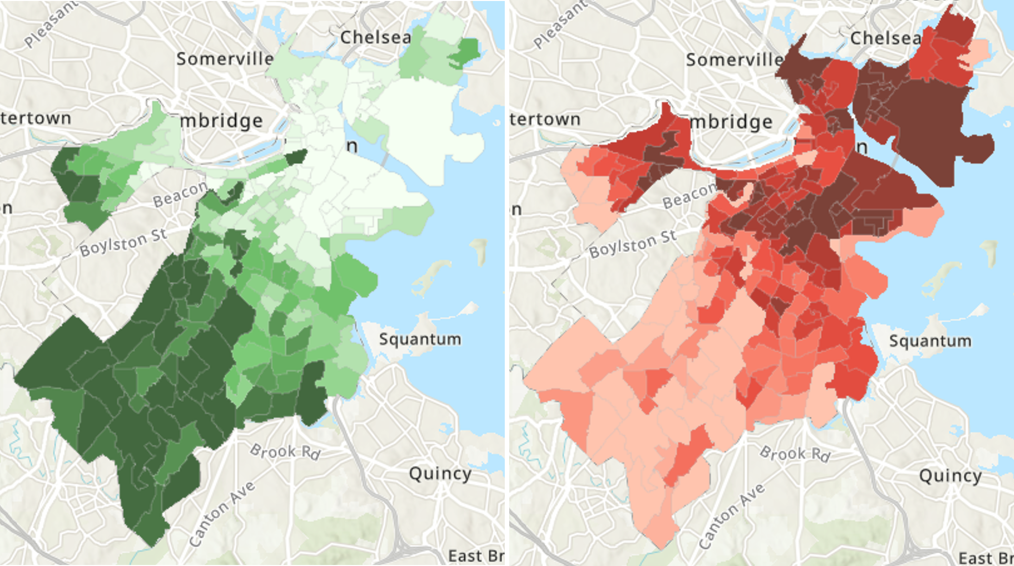 Maps of canopy cover (left; darker green indicates more canopy) and land surface temperature (right; darker red indicates higher temperature) across the neighborhoods of Boston, MA. (Credit: Urban Land Cover and Urban Heat Island Database, the data set used in this chapter)